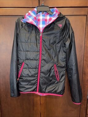 Adidas Reversible Black Jacket with Pink/Blue Plaid. Size small.